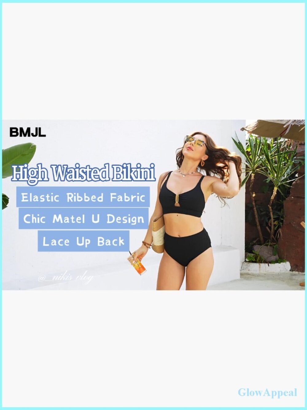 High Waisted Ribbed Bikini Set V Neck Cutout Lace Up Back Tankini Two Piece - Picture 7 of 7